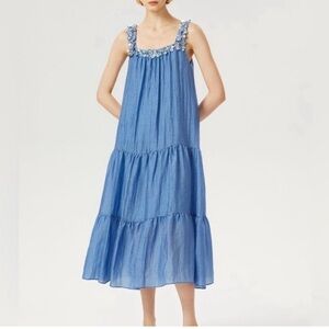 Exquise Blue Beaded Square Neck Tiered Maxi Dress Pockets S Anthropologie